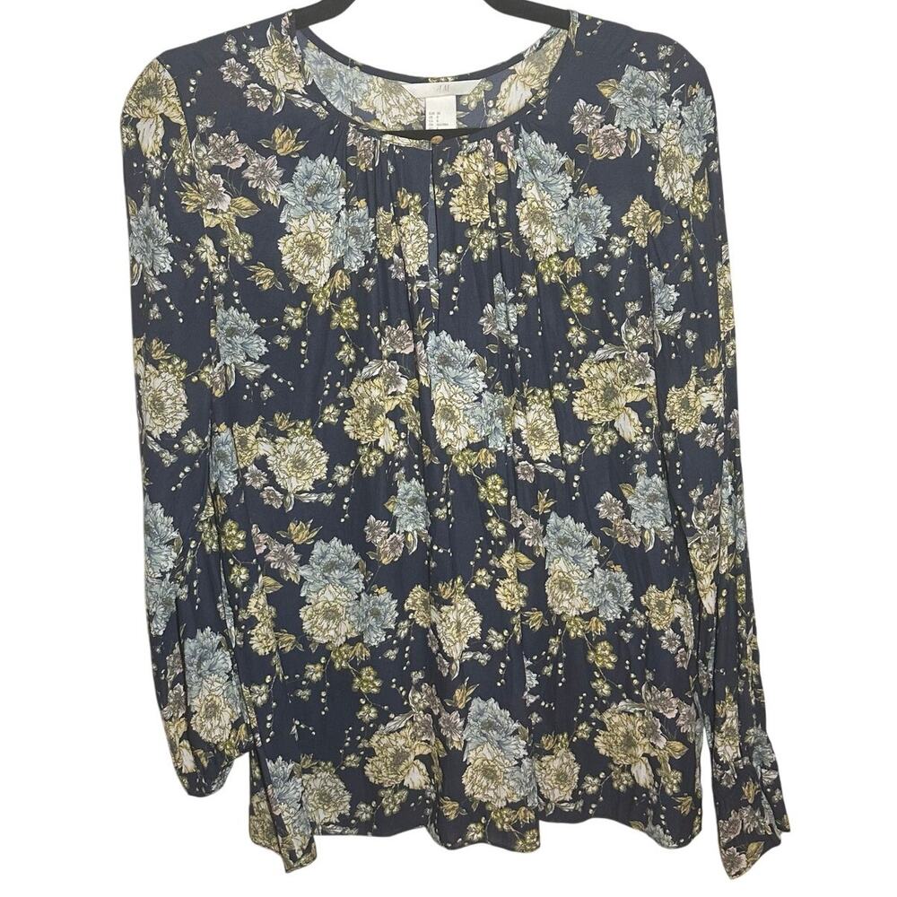 H&M Women's Navy Blue Floral Long Sleeve Blouse Size 8 Medium‎